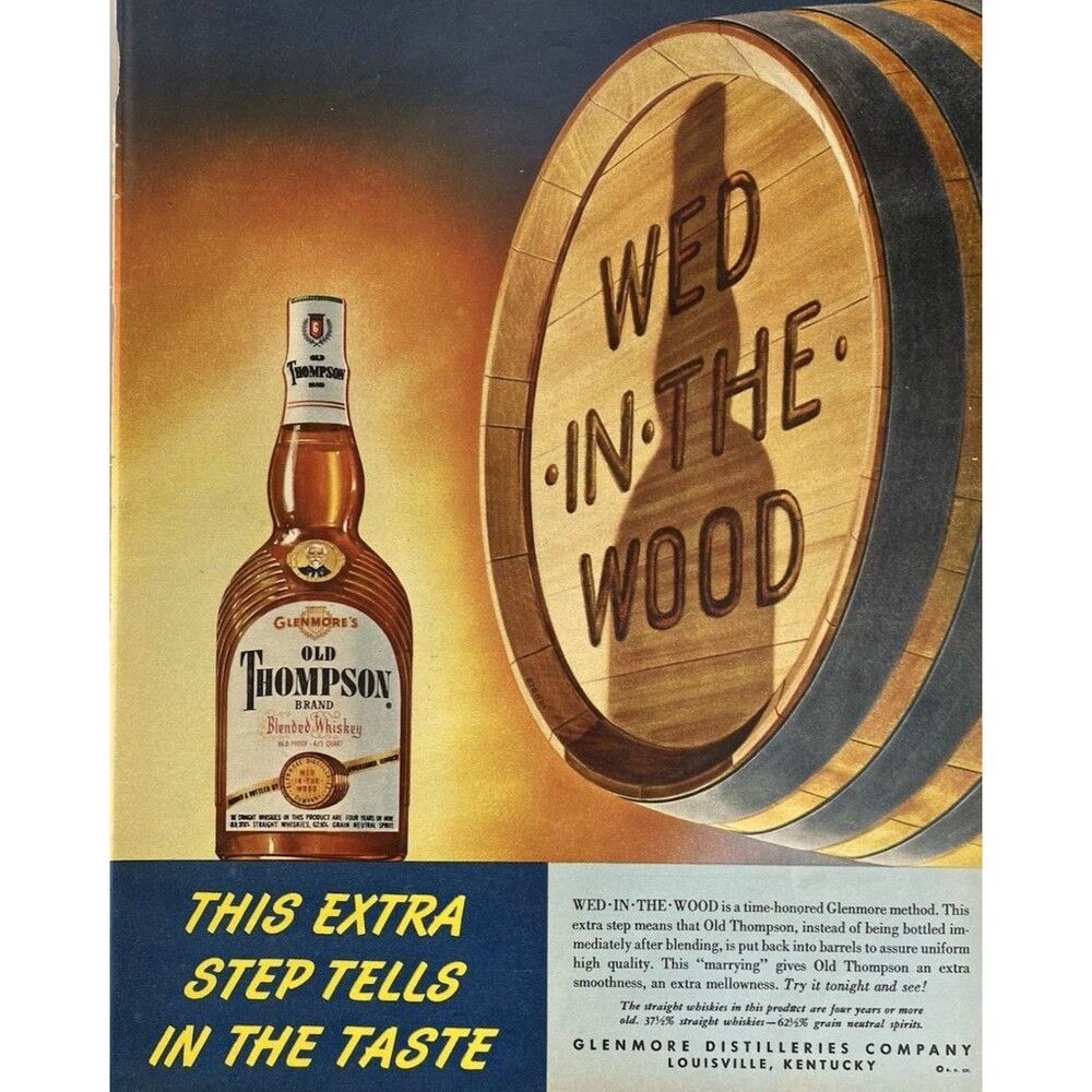 Glenmore's Old Thompson Blended Whiskey "WED in the WOOD" Vintage Print Ad 1951